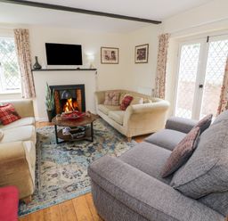 A living room with a sofa and a fireplace at Hillside Cottage