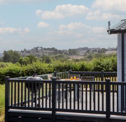 An outdoor deck with a table and chairs at Maple Lodge Teigngrace near Kingsteignton