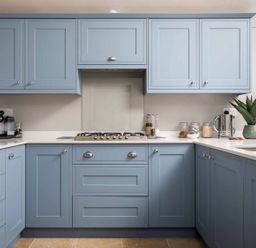 A kitchen with blue cabinets and a stove at Lavender Cottage (Stow-on-the-Wold) Cheltenham