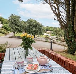 A table set with tea and cookies at Manorcombe 21 Honicombe Holiday Village near Gunnislake