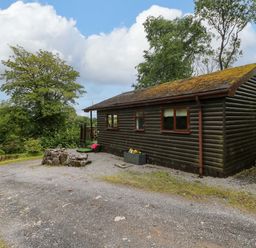 A log cabin with a gravel path and planter at Ash Lodge Mynydd Cerrig near Porthyrhyd