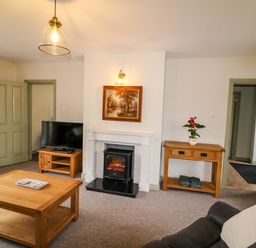 A living room with a fireplace and television at Shamrock House