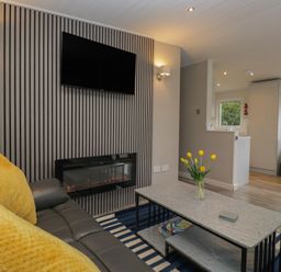 A living room with a sofa and coffee table at Owls Nook Lodge, Langdale 9, White Cross Bay near Windermere