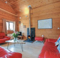 A living room with a red sofa and fireplace at Pencarrow St Breward
