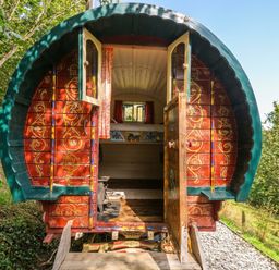 A wooden caravan with open doors and a view of the surrounding landscape at Goldfinch in Panson Mill near Ashwater