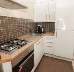 A kitchen with a stove and refrigerator at Shippen Cottage in Clarbeston Road