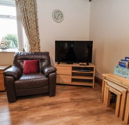 A living room with an armchair and a television at 2 High Stakesby Cottages in Whitby