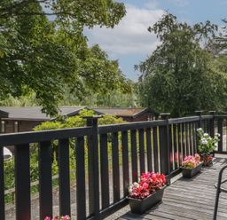 A deck with flower pots and trees at Watendlath in Keswick