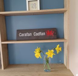a wooden shelf with a sign saying Carafan Cadfan and a vase of yellow flowers at Hafan y Mor Haven - Holiday Accommodation 12637 in Pwllheli