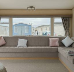 A living room with a sofa and windows at Golden Gate Holiday Centre - Holiday Accommodation 19059 in Towyn