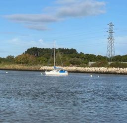 a sailboat on water near a rocky shore with trees and power lines at Rockley Park - Holiday Accommodation 19386, Poole