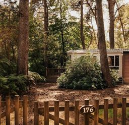a holiday accommodation surrounded by trees with a wooden fence at Kelling Heath Holiday Park - Holiday Accommodation 21026 Kelling Heath