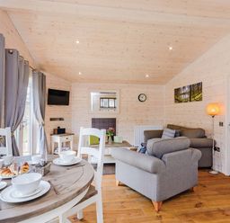 A living room with a sofa and television at Typhoon Lodge in Winchester