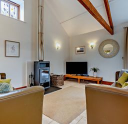 A living room with a stove and television at Barley Park in Marhamchurch