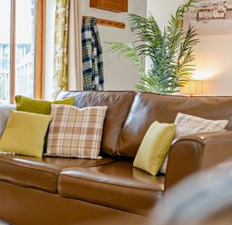 A living room with a sofa and cushions at Barley Park in Marhamchurch