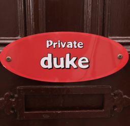 A door sign labeled 'Private duke' at Duke Cottage in Woodbridge
