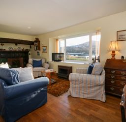 A living room with a sofa, armchair, television and decorative items at Bryncyn in Newport, Pembrokeshire
