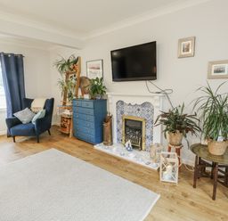 A living room with a sofa, television, fireplace and plants at 16 Ffordd Meigan Beaumaris