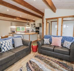 A living room with sofas and a kitchen area at Willow Lodge in Admaston near Abbots Bromley