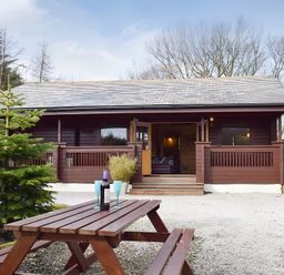A log cabin with a table and chairs at Gisburn Forest Lodge