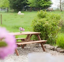 A garden with a wooden dining table and sheep in the background at Gisburn Forest Lodge