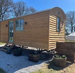 A wooden tiny house with stairs and planters at Y Nyth 