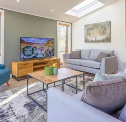 A living room with a sofa and tv at Isca Lodge - With Decking - Lodge 1 Wombleton
