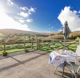 An outdoor patio with a table and chairs at Swallow Cottage Bullhornstone near South Brent