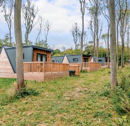 An outdoor view of cabins with decking at Tennyson Spa (Pet) Louth