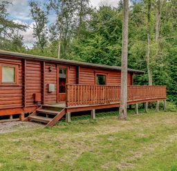 A log cabin with a deck and steps in a forested area at Cedar Lodge (Pet) Louth