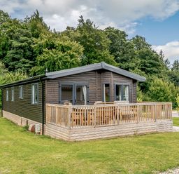A cabin with a wooden deck and surrounding grass at Elsham Lodge (Pet) Louth