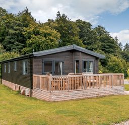A cabin with a deck surrounded by grass at Elsham Lodge (Pet) Louth