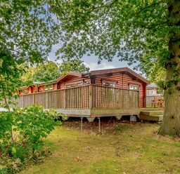 A lodge with a deck surrounded by trees at Hazel Lodge in Louth