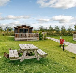 An outdoor area with log cabins and a picnic table at Alder Waterside Spa Carlton Miniott near Thirsk