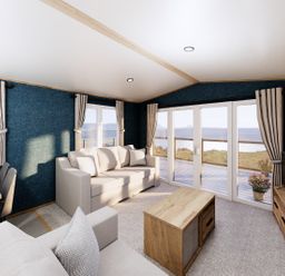 A living room with a sofa, dining area and large windows at Oak Waterside Spa Carlton Miniott near Thirsk