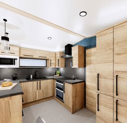 A kitchen with wooden cabinets and appliances at Willow Spa (Pet) Carlton Miniott near Thirsk