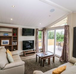 A living room with a sofa and television at Plas Marchog Lodge Rhoscefnhir near Pentraeth
