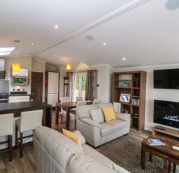 A living room with a sofa and kitchen area at Plas Marchog Lodge in Rhoscefnhir near Pentraeth