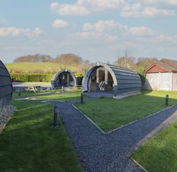 Three accommodation pods with a pathway and grass at Pod 5 (Pet Friendly) Tewitfield