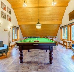 A game room with a snooker table and seating at The Braveheart (Pet) Dundee
