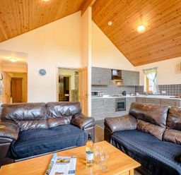 A living room with a sofa and kitchen area at Muirloch Spa Plus in Dundee