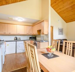 A kitchen with dining table and appliances at Rainbow Lodge in Dundee