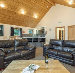 A living room with sofas and a coffee table at Rainbow Spa Plus (Pet) in Dundee