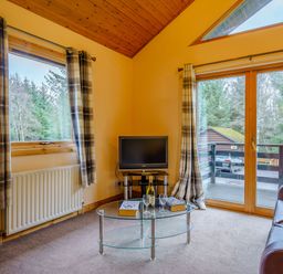 A living room with a television and coffee table at Osprey Lodge (Pet) Dundee