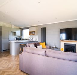 A living room with a television and kitchen area in Goldfinch Waltham