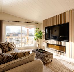 A living room with a sofa, television, and potted plant at Luxury Boutique Retreat Pet in Waltham