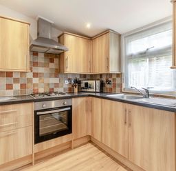 A kitchen with wooden cabinets and a countertop at Chapel Rock Spa Pet in Perranporth