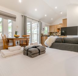 A living room with a dining table and kitchen area at Droskyn Spa Pet Perranporth