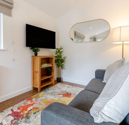 A living room with a television and a sofa at Tremewan Spa Pet in Perranporth