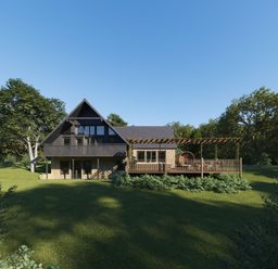 A house with a deck and pergola surrounded by trees at Heatherwood (Pet) Slaley